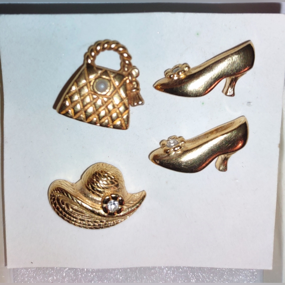 Four Individual Goldtone Avon Dress-up Tac Pins In Set of 3 (+ 1 extra shoe pin)